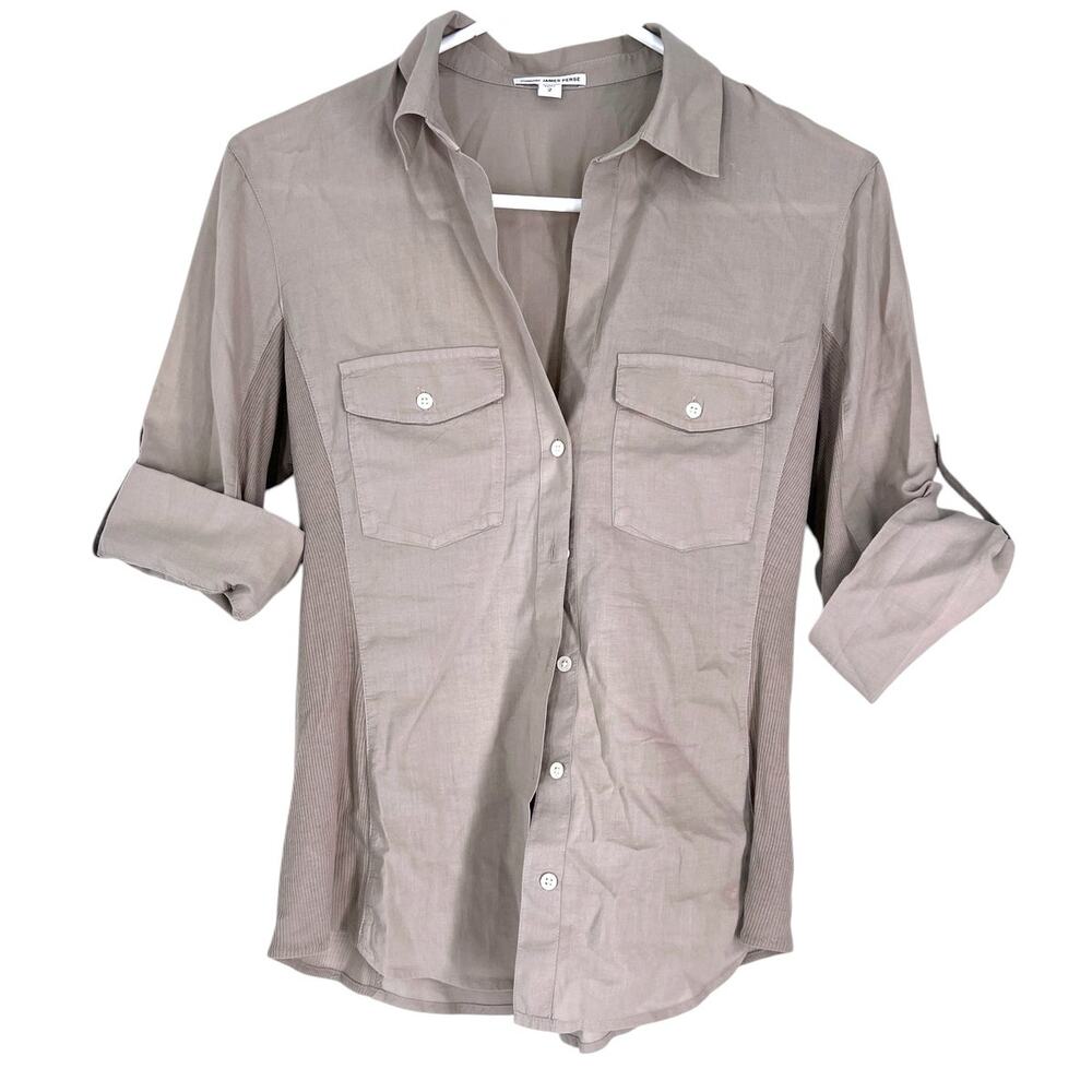James Perse M button-up shirt rib panel Top Luxury Basic Revolve Short Sleeve - Picture 2 of 5